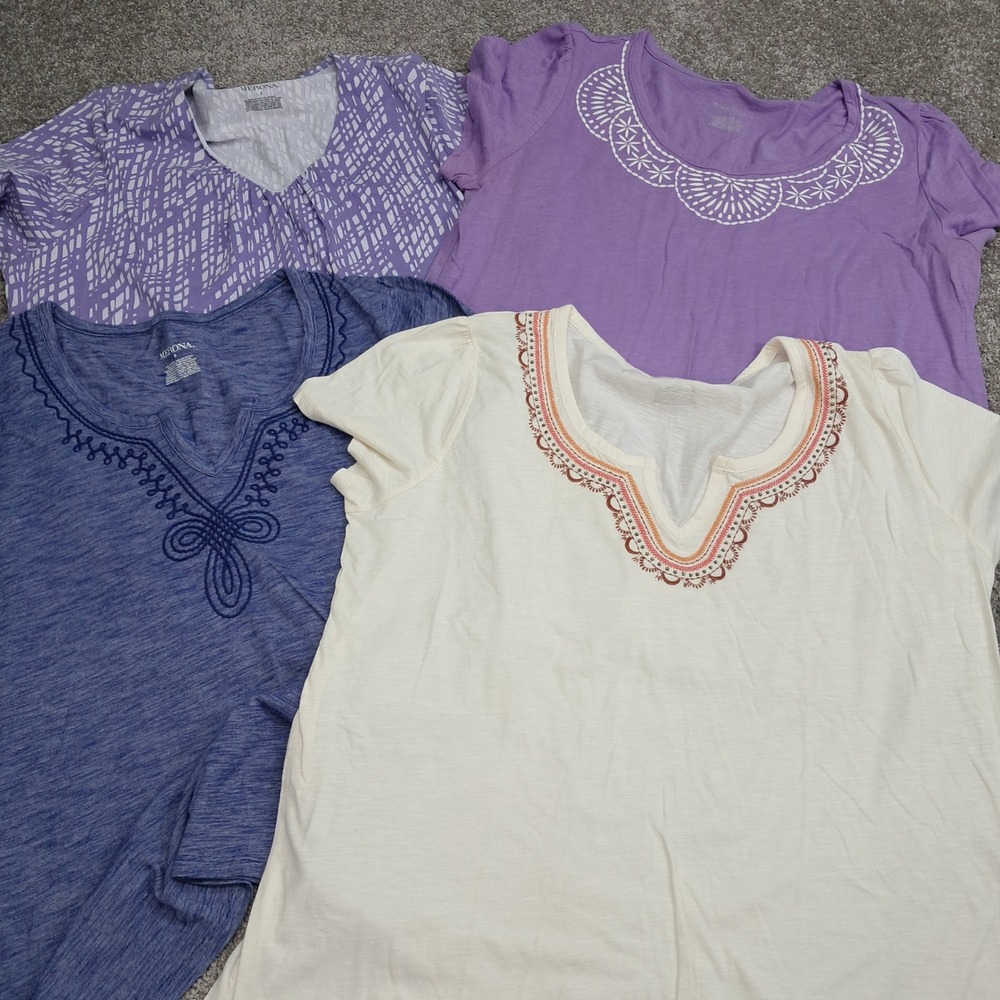 Merona Womens Short Sleeve Knit Top Bundle Lot of 4 Purple Blue Cream Size L